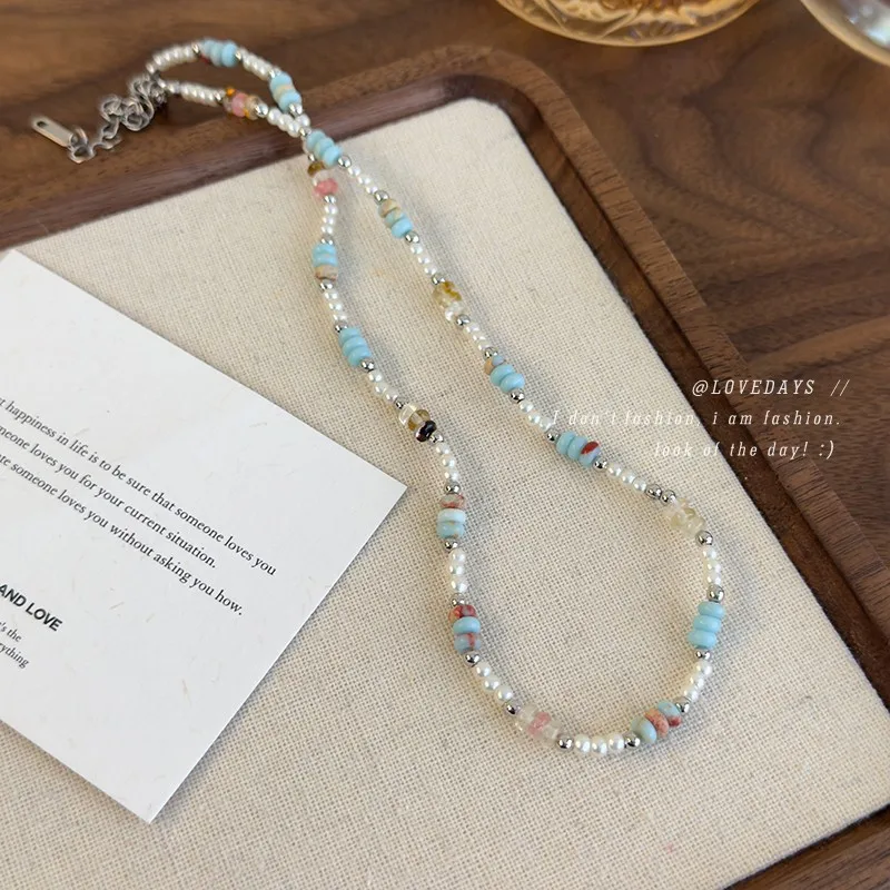 Colorful Beaded Green Stone Faux Pearl Choker Necklace New Chinese Elegant Unique Luxurious Lightweight Chain For Women Daily