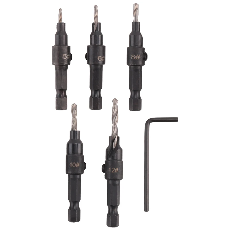 5Pcs Woodworking Hole Opener Set Hexagon Screw Hardware Tools Countersink Drill Countersink Drill Awl Drill Hole Reaming-A56M