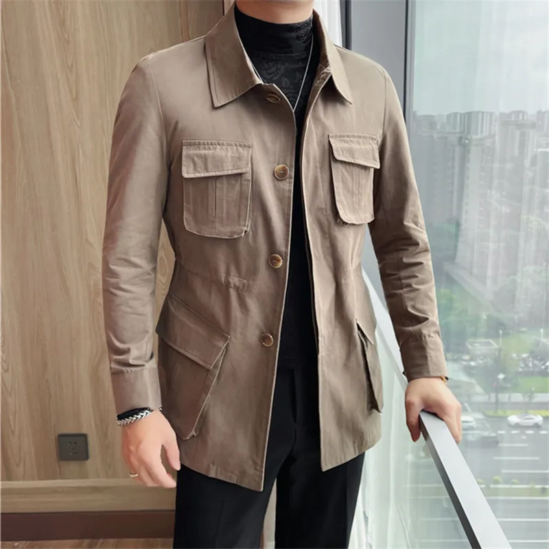

Весенне-осенние хлопковые мужские деловые повседневные куртки в стиле ретро, качественная роскошная облегающая верхняя одежда, пальто, мужское модное пальто с отложным воротником