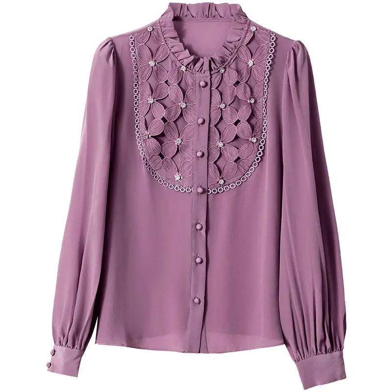 Temperament Office Lady Spring New Women\'s O-Neck Solid Embroidered Single Breasted Fashion Loose Long Sleeve Chiffon Shirt Tops