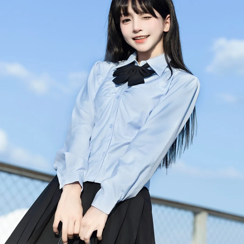 Korean Women's Shirt Jk School Girl Uniforms Top Sexy White&Blue Slim Waist Back Strap Long&Short Sleeve Suit Anime Cos Costume