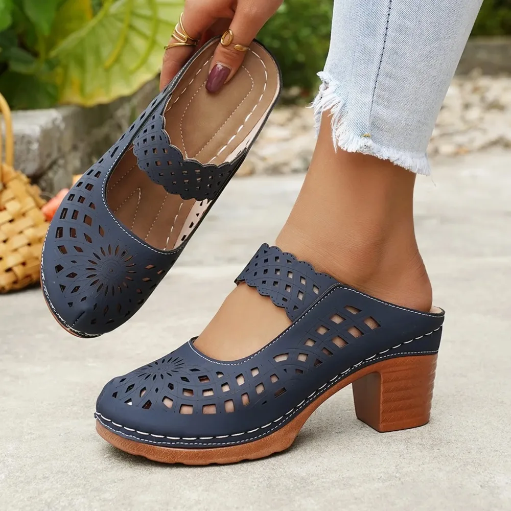Summer Women Chunky Heel Slippers  New Fashion Hollow Out Closed Toe Slip on Sandals Female Comfort High Heel Casual Shoes