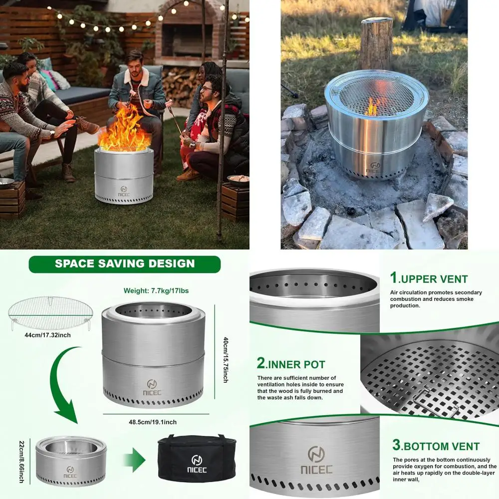 

Портативный уличный настольный очаг 19.1, бездымный, из нержавеющей стали, с решеткой и поддоном для золы
