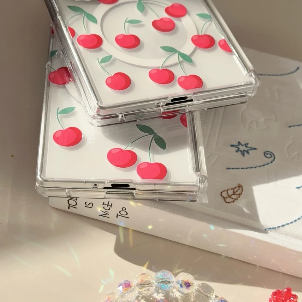 Funda Transparente con Diseño de Cereza para Carga Inalámbrica Magsafe, Soporte Magnético para Samsung Galaxy Z Fold 8 7, Carcasa Rígida