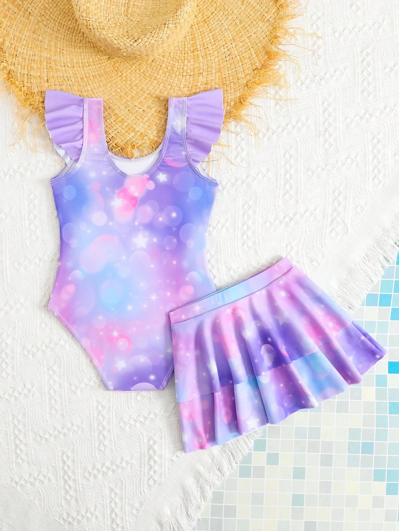 

Adult Mermaid Print Ruffled One-Piece Swimsuit With Beach Skirt