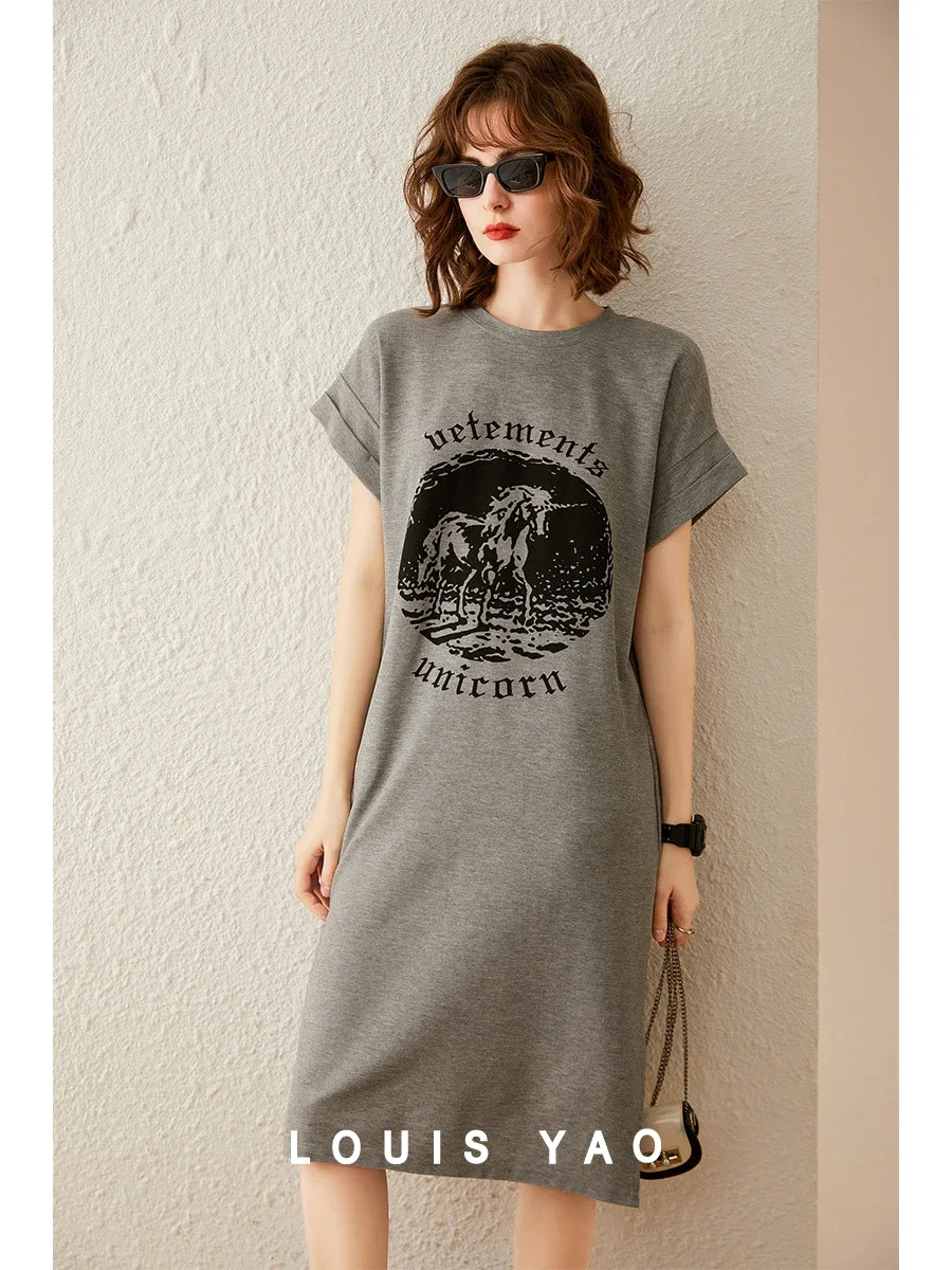 

LOUIS YAO Women T-Shirt Dress 2024 Summer New Retro Print Loose Fit Straight Round Neck Short Sleeve Casual Vent Dress for Women