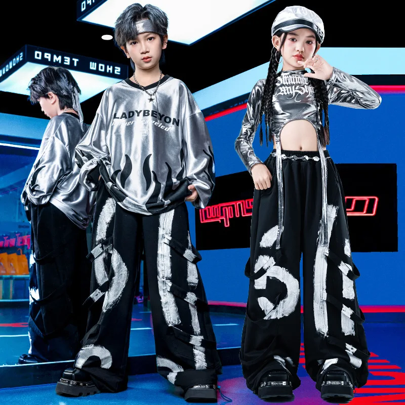 

Silver Black Jazz Dance Clothes Children Hip Hop Performance Wear Crop Top Shuffle Pants Kid Kpop Stage Costume Streetwear 4969