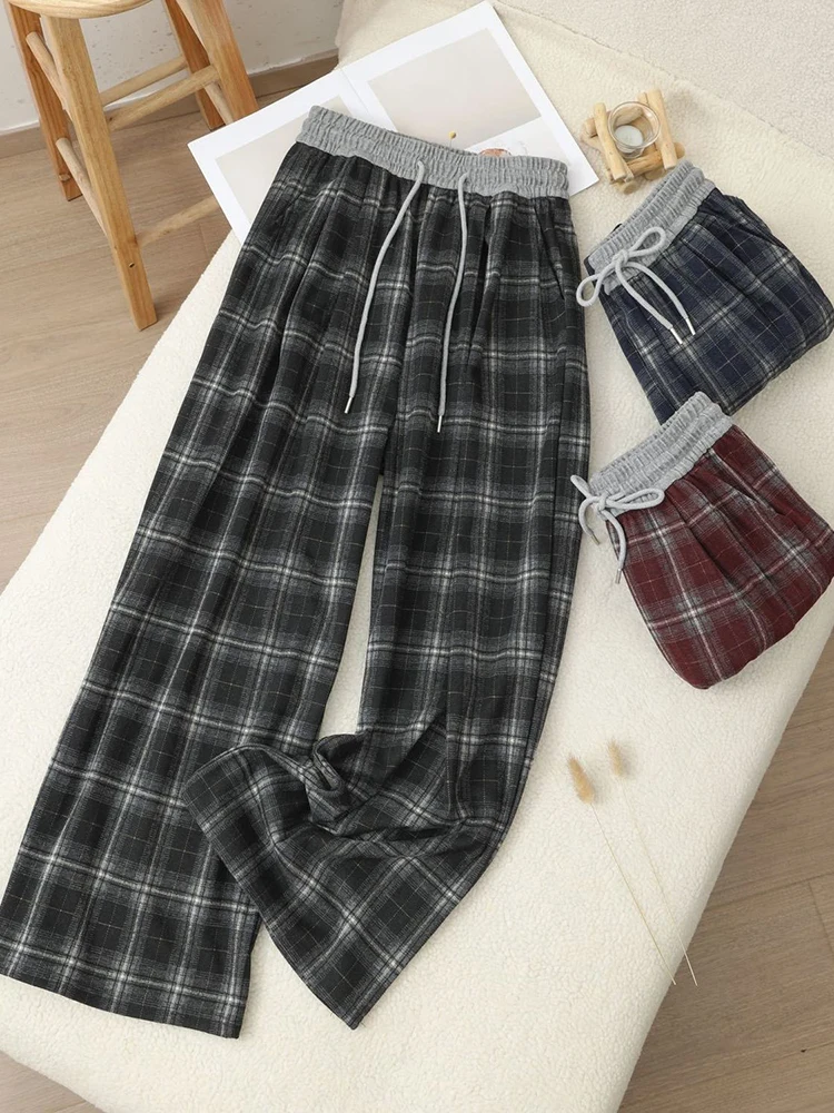 Pantalones de pierna ancha a cuadros Vintage para mujer, ropa de calle Y2K de otoño, Pantalones rectos de retales, pantalones deportivos con cordón de cintura alta Harajuku