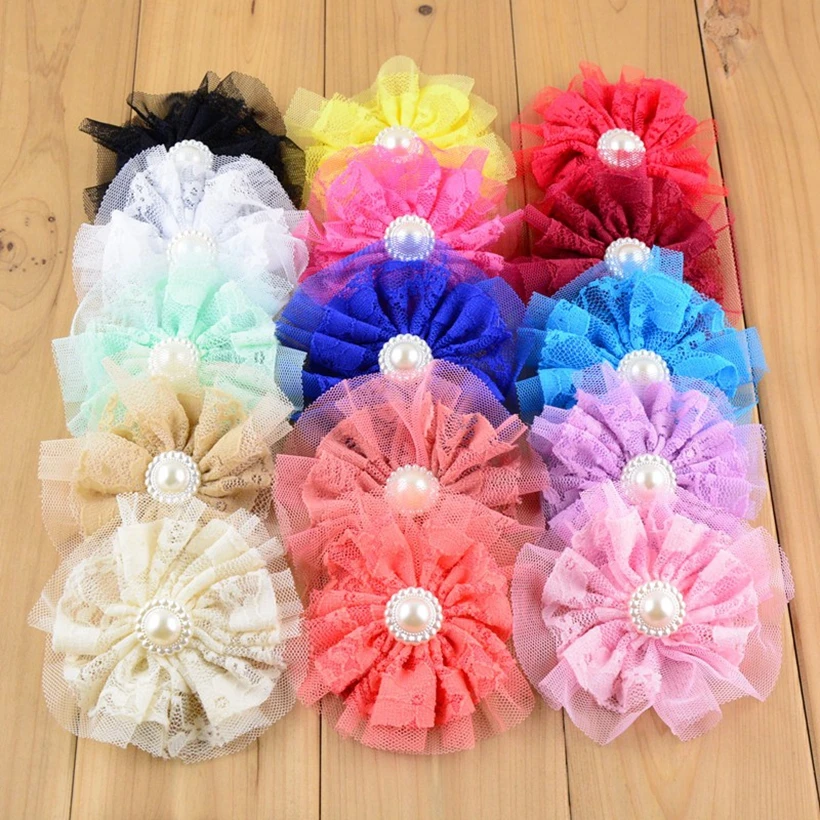 

300pcs/lot 3.94" Tulle Lace Flower With Pearl Rhinestone Single Flowers Kids Girls Hair Accessories Mesh Chiffon Fabric Flowers