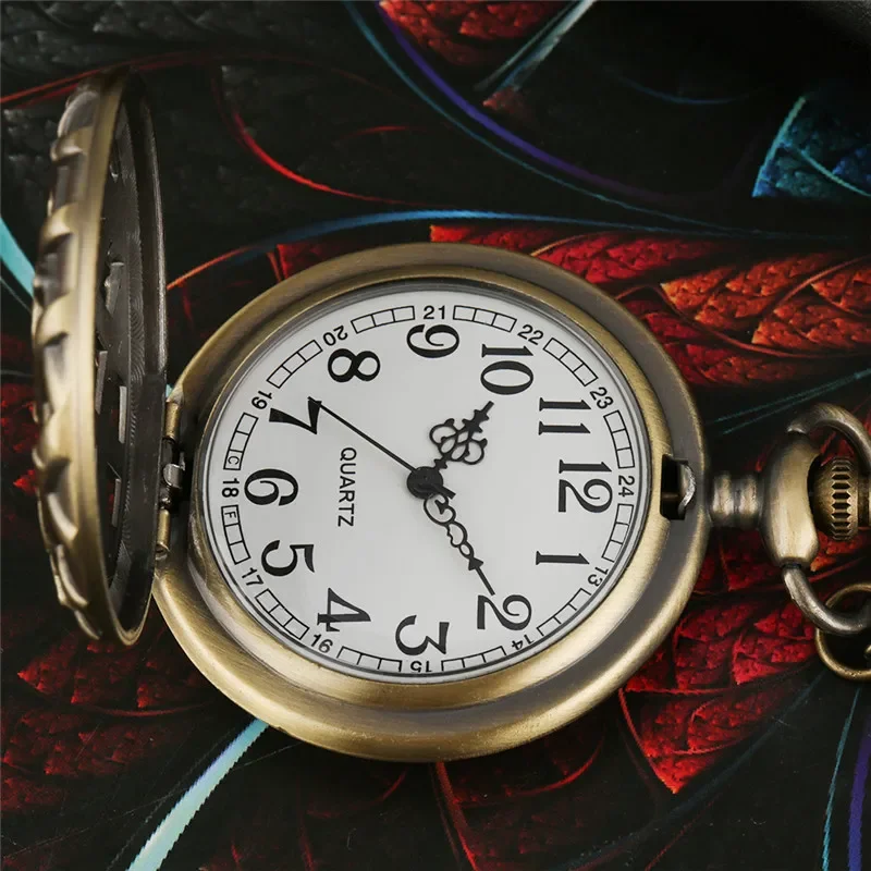 Vintage Half Hunter Hollow Bamboo Case Retro Quartz Pocket Watch for Men Women Arabic Number Clock with Bronze Necklace Chain