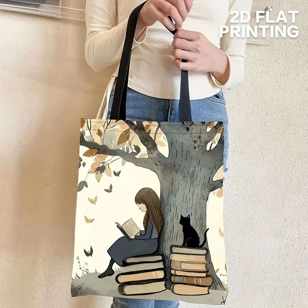 

Cats Print Polyester Tote Bag , Artistic Book Lover Design with & Cat Under Tree, Perfect for Work, Travel, Shopping & Daily Use
