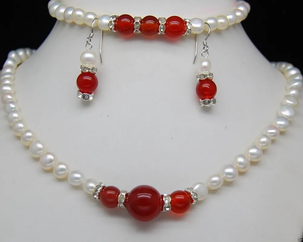 

7-8MM White Baroque Pearl Red Jade Necklace bracelet earrings Sets GP style Fine jewe Noble Natural jade