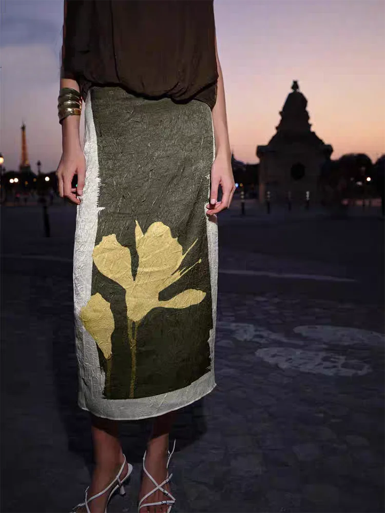 Jupe mi-longue imprimée effet plissé pour femmes, Design Sensation, petit ence, Costume de scène ethnique, haut en T, automne 2025