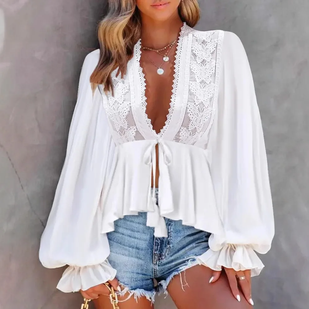 

Lace Deep V Neck Blouse Shirt Lantern Sleeve Peplum Vitnage Lace-up Retro Casual Solid Chiffon Blouse for Women's 2025