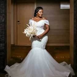 Elegant White Mermaid Wedding Dresses for Dark Skin Bride Spaghetti Off Shoulder Sweep Train Appliques Beads Africa Bridal Gowns