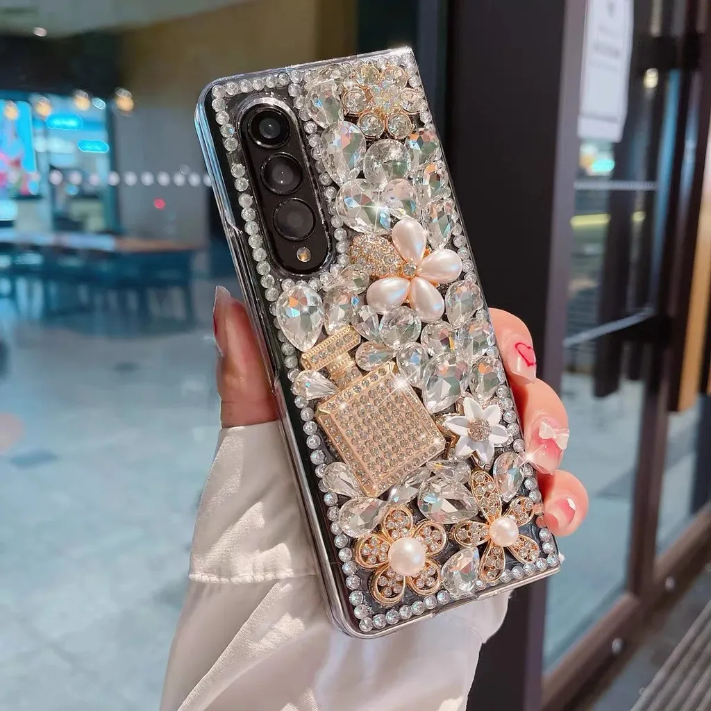 For Samsung Galaxy Z Fold 6 5 4 3 2 5G ZFold6 Luxury Fashion Bling Crystal Diamond Flower Bear Perfume Bottle Phone Case Cover