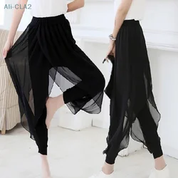 Plus Size Chiffon Pants Split Women Mid Waist Wide Leg Long Leggings Trousers