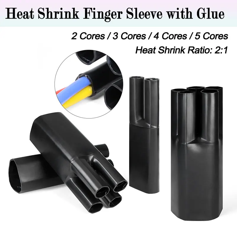 1pc Black 2:1 Heat Shrink Finger Sleeve 2/3/4/5Core Hot Melt Adhesive Lined Waterproof Insulation Cable Heat Shrink Finger Boot