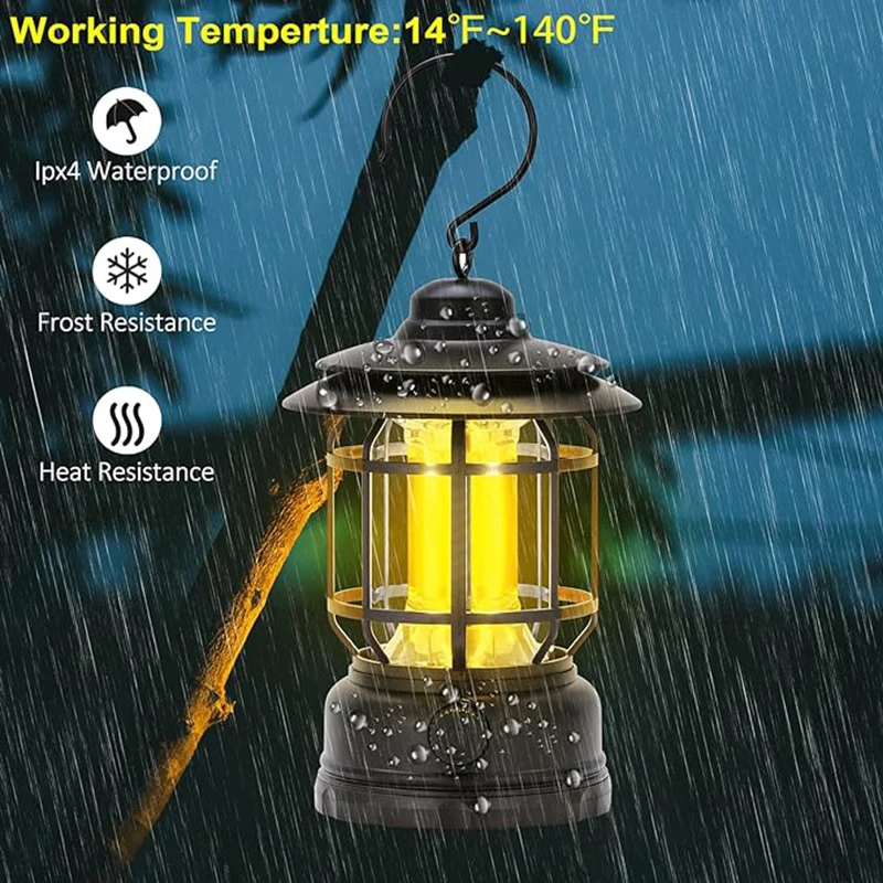 Retro Portable Camping Lanterns Rechargeable 3 Color Dimmable Tent Light Outdoor Waterproof Flashlight Emergency  For Fishing