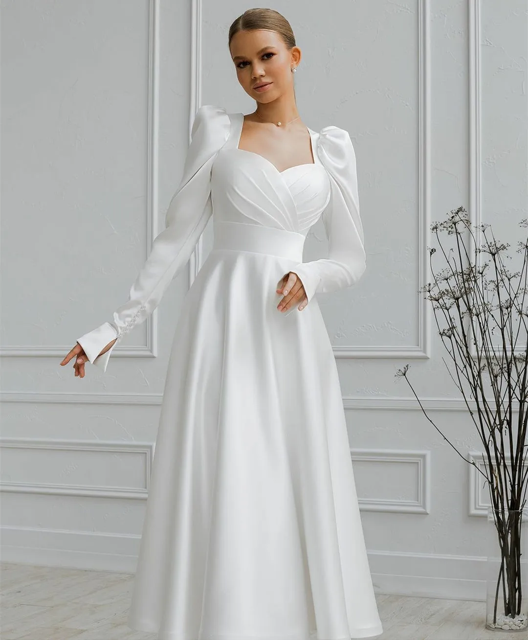 Vestidos de novia largos de satén con escote Corazón y bolsillos, línea A, plisado de marfil, longitud hasta el suelo, cremallera trasera, vestidos de novia para mujer