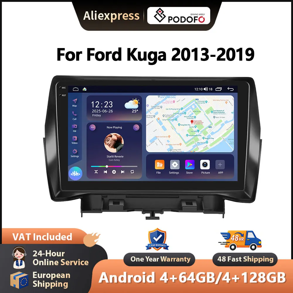 Podofo 9-Zoll-Autoradio für Ford Kuga (Escape) 2013-2019 Android CarPlay GPS Autoradio WIFI FM/RDS AI Sprachsteuerung Auto-Stereoanlage DSP EQ BT