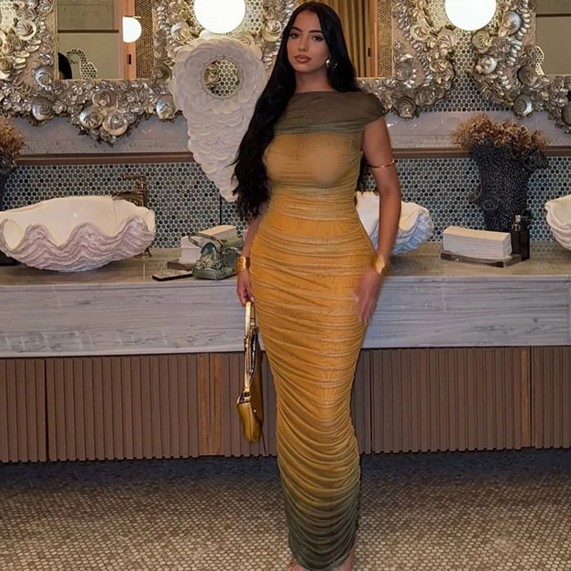 Doyerl Farbverlauf-Print Gerafftes Bodycon Maxikleid Elegantes Dehnbares Kleid mit Kurzen Ärmeln und Carmenausschnitt für Club und Party Langes Kleid Robe Femme