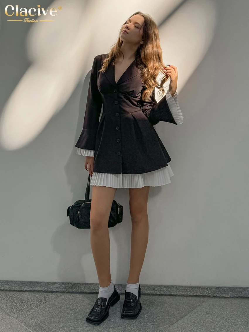 Clacive Fashion Slim Black Office Women Dress 2024 Winter Lapel Long Sleeve Mini Dresses Elegant Classic Patchwork Female Dress