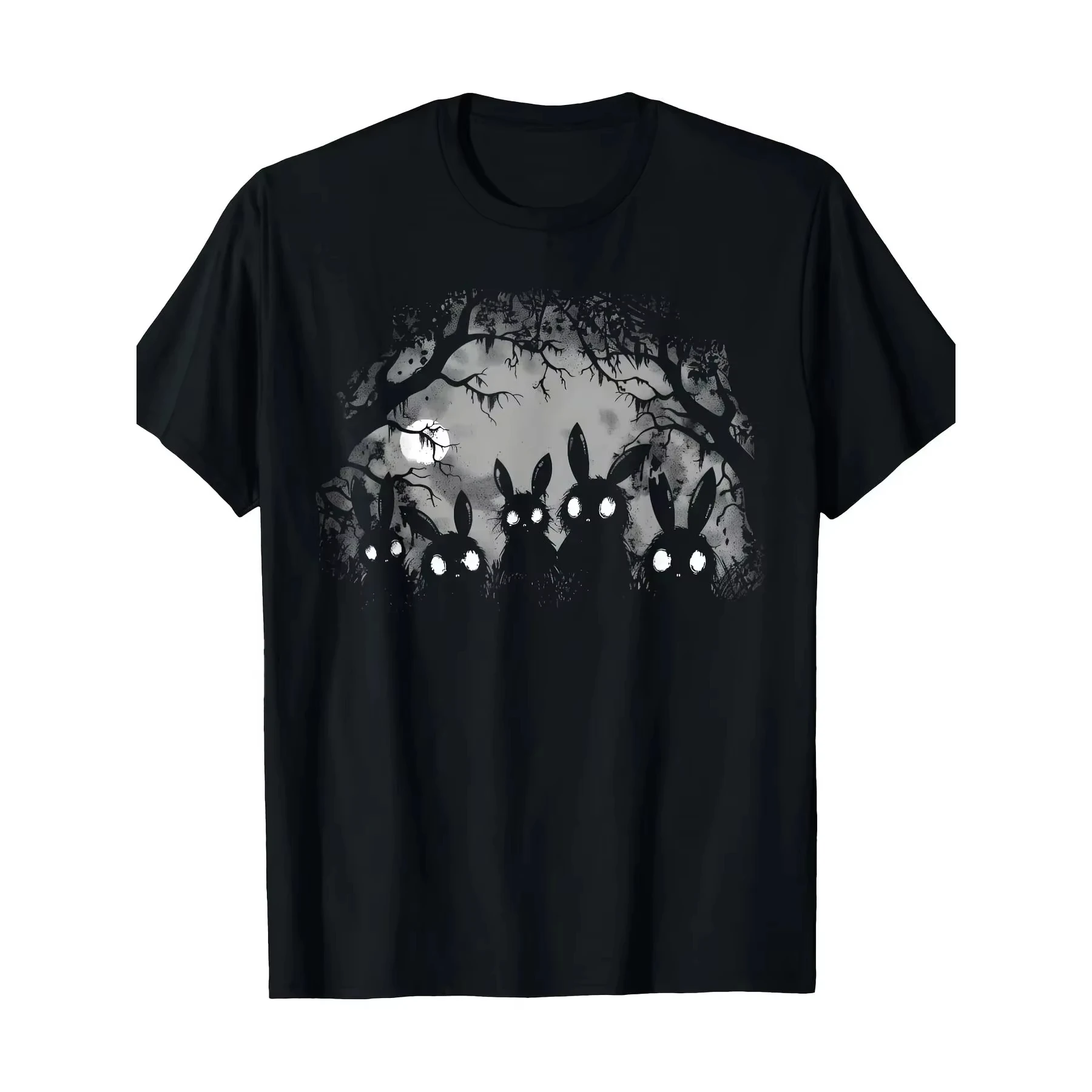 Eerie Forest Rabbit Horror Graphic T-Shirt Men's Cute Gothic Crew Neck Short Sleeve Tee