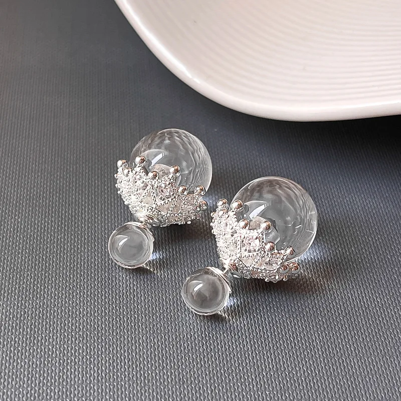 Luxury Double sided White Crystal Crown Stud Earrings Women High Fashion Two Wear Earrings Niche Jewelry Gifts