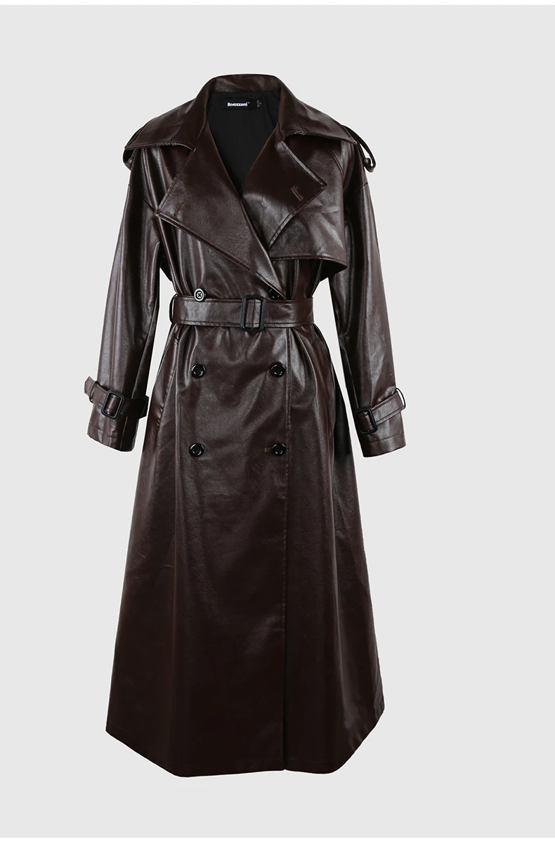 Nerazzurri Spring Autumn Long Oversized Black Pu Leather Trench Coat for Women Belt Double Breasted Loose Casual Korean Fashion