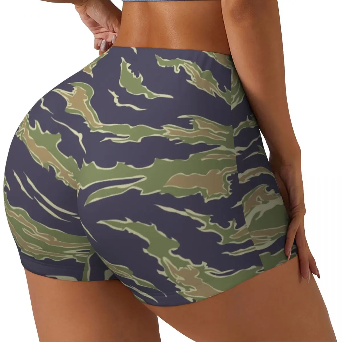 Custom Women's Tiger Stripe Camouflage Workout Yoga Shorts Camo Athletic Gym Volleyball Biker Shorts