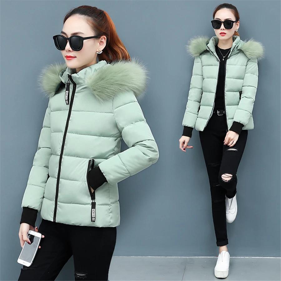 Winter Bontkraag Capuchon Crop Jack Oversized 4xl Dames Katoenen Gewatteerde Jas Dikke Warme Outwear Basis Solide Parka Casual Manteau