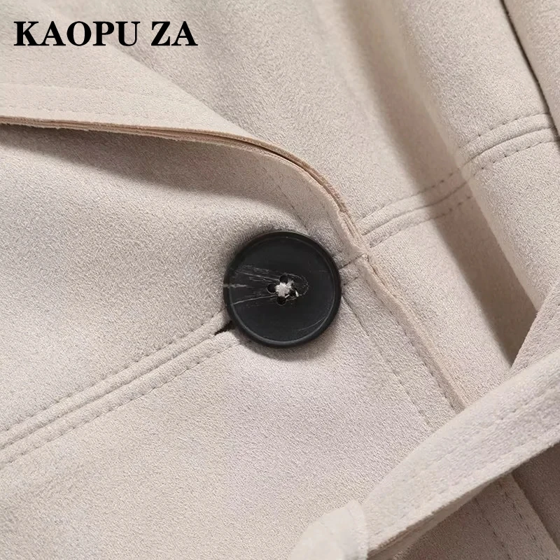 KAOPU ZA Autumn/Winter 2024 Women\'s casual trench coat with Belt Women vintage suede Texture Long sleeve lapel jacket top