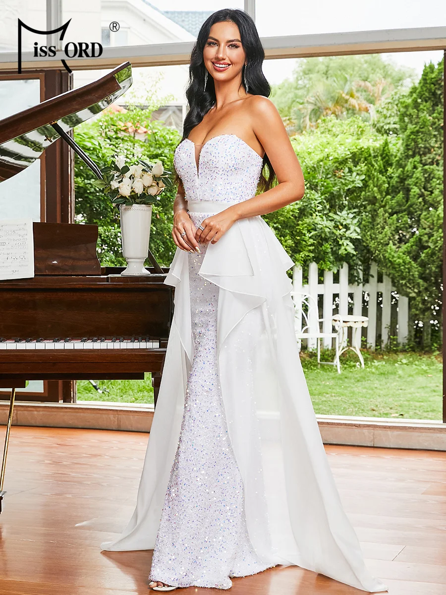 Missord elegante abito da sera con paillettes bianco donna senza spalline Voile drappeggiato aderente abiti da ballo per feste di matrimonio abito lungo