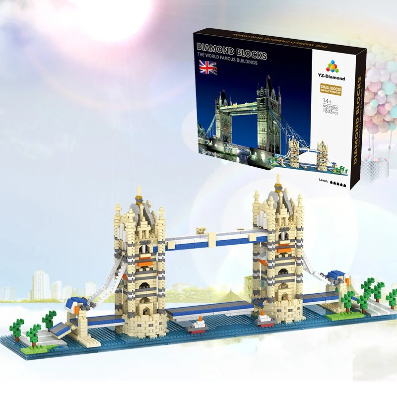 Yz056 torre ponte de londres edifício bloco mundialmente famoso modelo de arquitetura 3d mini diy diamante tijolo brinquedo para o miúdo sem caixa 1833 pçs