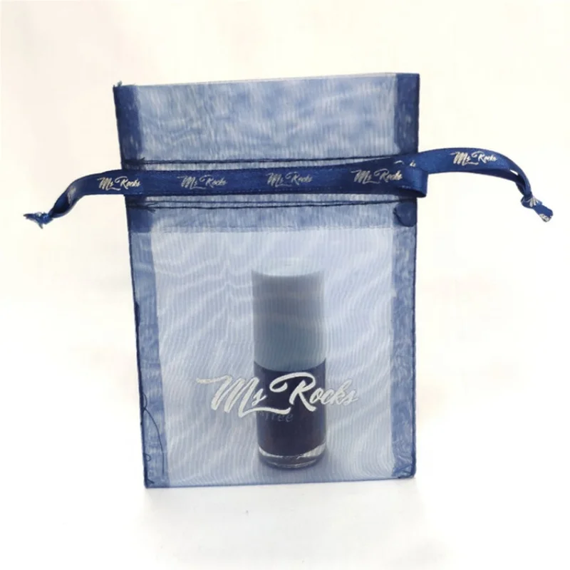 custom.Custom Navy Blue Organza Nail Packaging Pouch With Silver