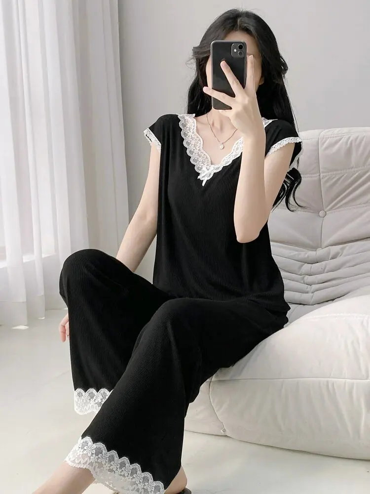 

Women Lace Splicing Pajama Set 2026 Summer New Simple Casual V-Neck Short Sleeve Tops Pants Sweet Fashion Home Clothing