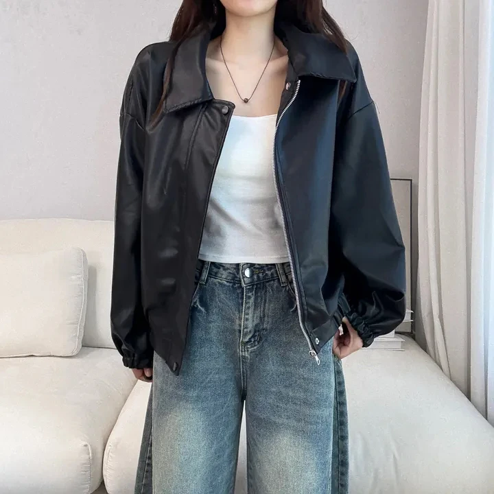 Women's Double Zipper Long Sve Leather Jaet Collarl Versatile Loose Top Korean Sle Autumn Winter New Arrival