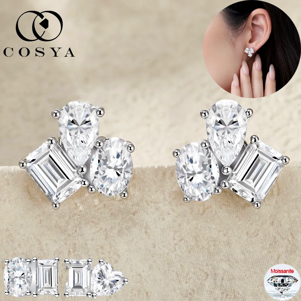 COSYA Pear/Oval Cut Full Moissanite Earrings 100% S925 Silver D VVS1 Lab Diamond 2-stone Ear Stud For Woman Fine Party Jewelry