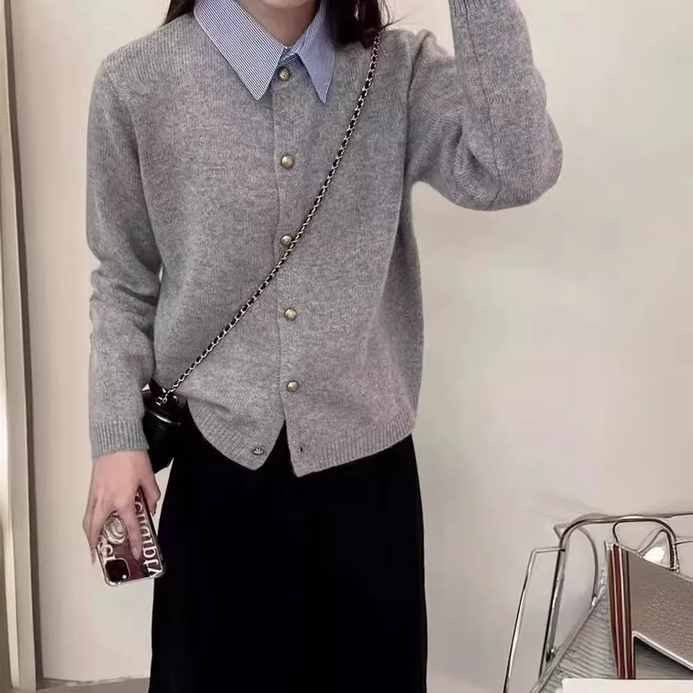 

Women's Casual Daily Single-breasted Long Sleeve Knitted Sweater Cardigans Autumn Winter New Fashion Female Fake 2 Set Coats Top