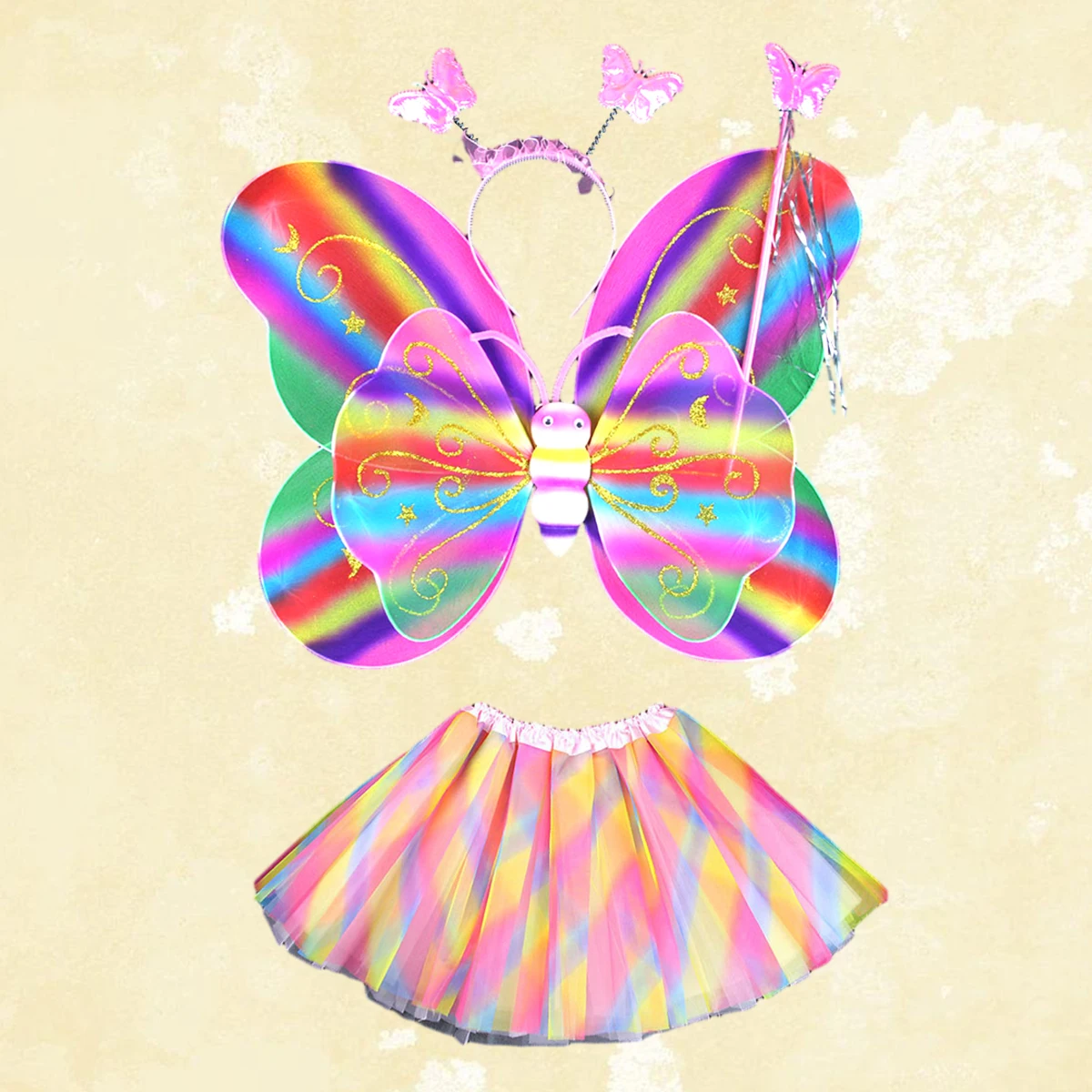 

4 pcs Fairy Costume Wings For Girls Kids Party Set Wand Headband Tutu Skirt Durable Plastic Halloween Christmas