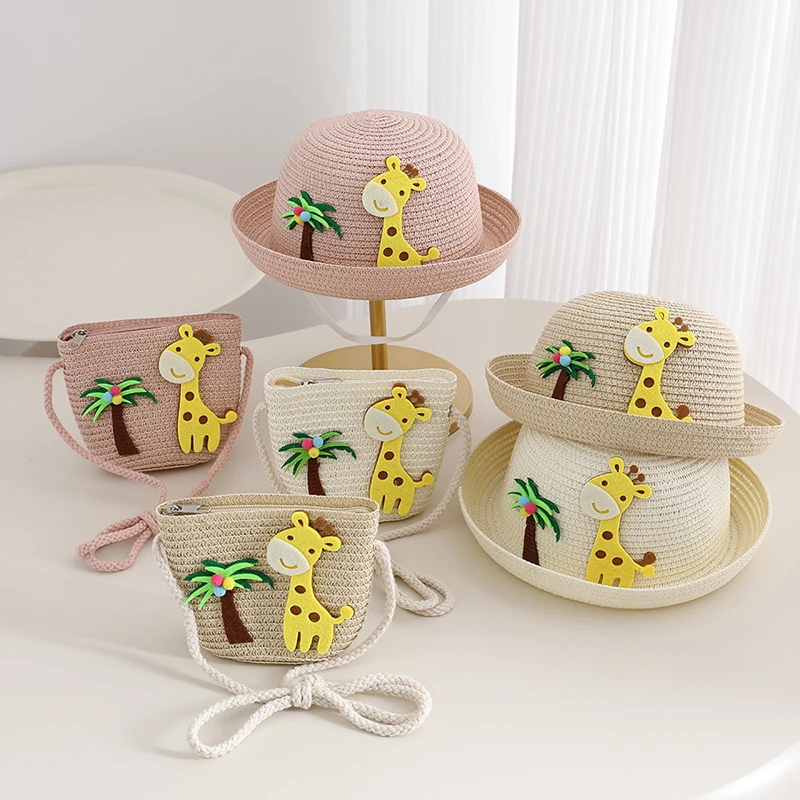 Cute Kids Straw Hat and Bag Set Giraffe Palm Tree Summer Sun Hat for Toddler Girls Boys