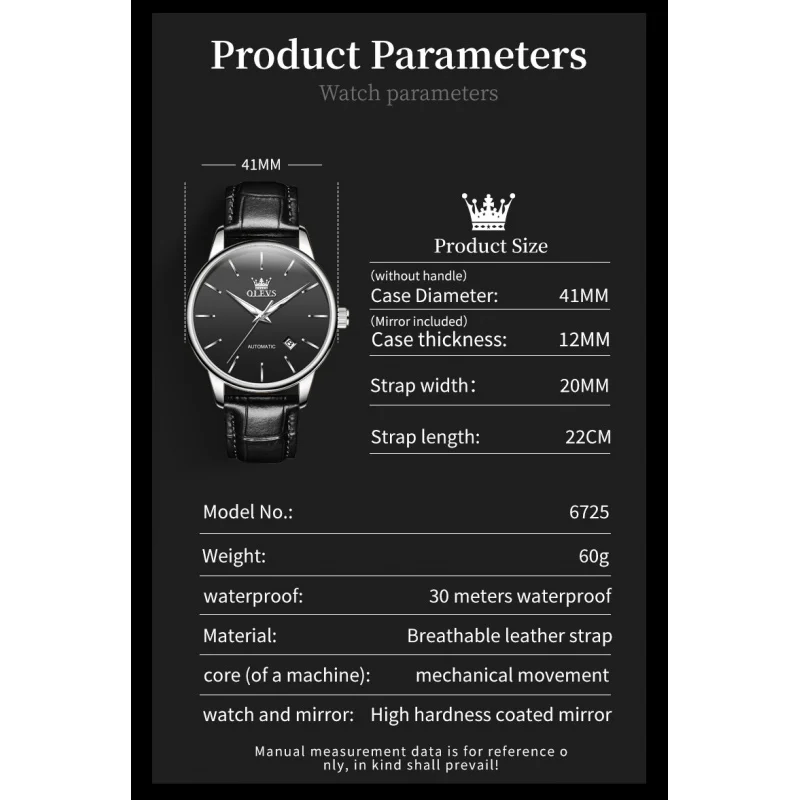 OLEVS 6725 Mens Watch Original Luxury Automatic Mechanical Watch Movement Waterproof Luminous Watch Single Calendar Design