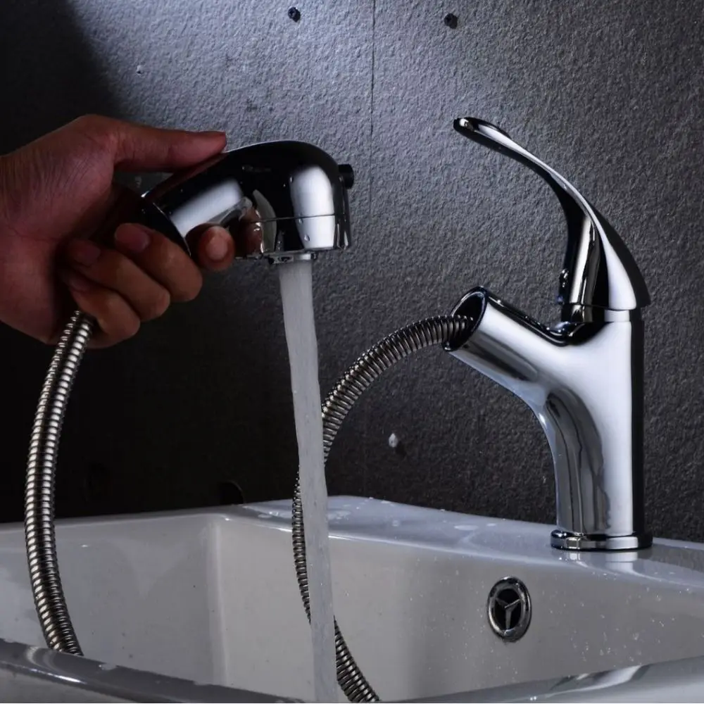 

Large Head Design Pull Out Faucet Hot Cold Water Mixing Premium Sturdy Material Bathroom Sink Faucet Stable Water Supply
