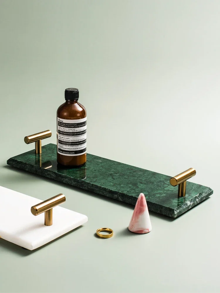 【Premium】AhunderJiaz Natural Marble Jewelry Tray Vanity Tabletop Ornament with Gold Handles Bathroom Home Decor