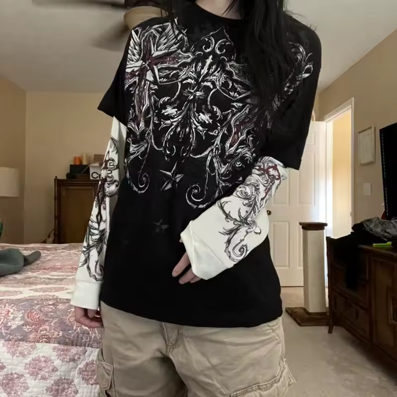 90s Vintage Graphic Print Oversized T-Shirt Y2K Aesthetic Retro Grunge Pullovers Tops E-girl Gothic Mall Goth Emo Tees Clothes