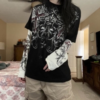 90s Vintage Graphic Print Oversized T-Shirt Y2K Aesthetic Retro Grunge Pullovers Tops E-girl Gothic Mall Goth Emo Tees Clothes