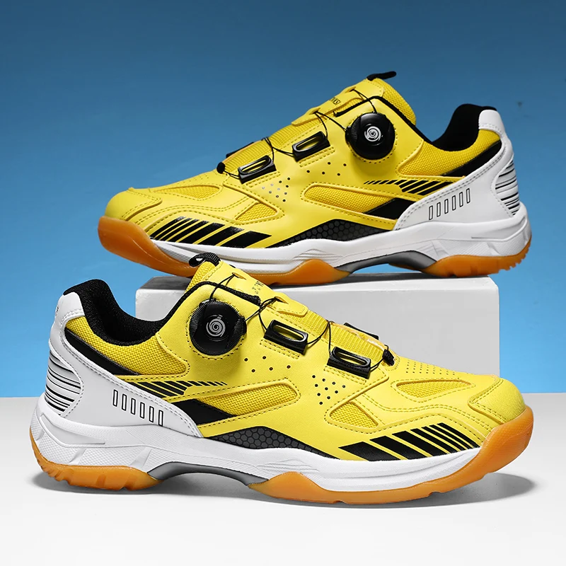 

Trendy Yellow Men's Tennis Shoes Rotary Buckle Design Badminton Shoes Women Breathable Non-slip Professional Training Shoes Men