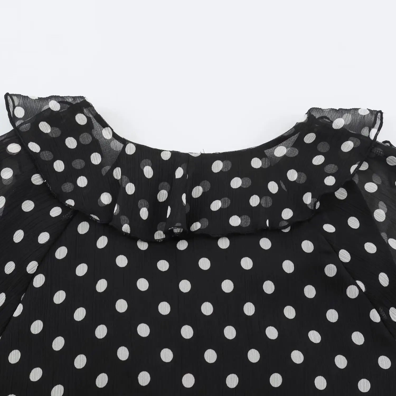 BSAY 2026 Herbst Vintage Polka Dot Damenbluse mit V-Ausschnitt, geschichtetem Rüschensaum, Laternenärmeln, Kordelzug am Ärmelbund und lässigem Schnitt – Detail 25