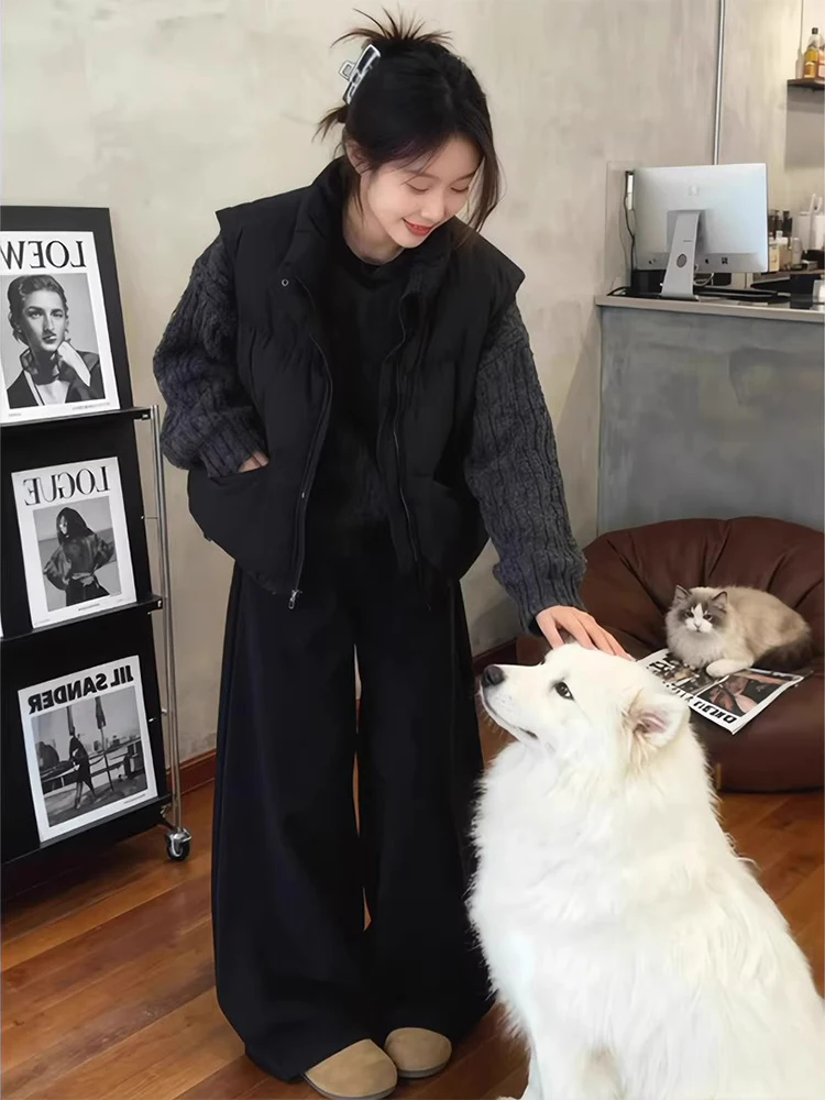 

Warm Cotton Vest Outerwear Wide Leg Pants Tee Piece Set Women's Lazy Sle Winter Faion Casual Wear Agel Matching